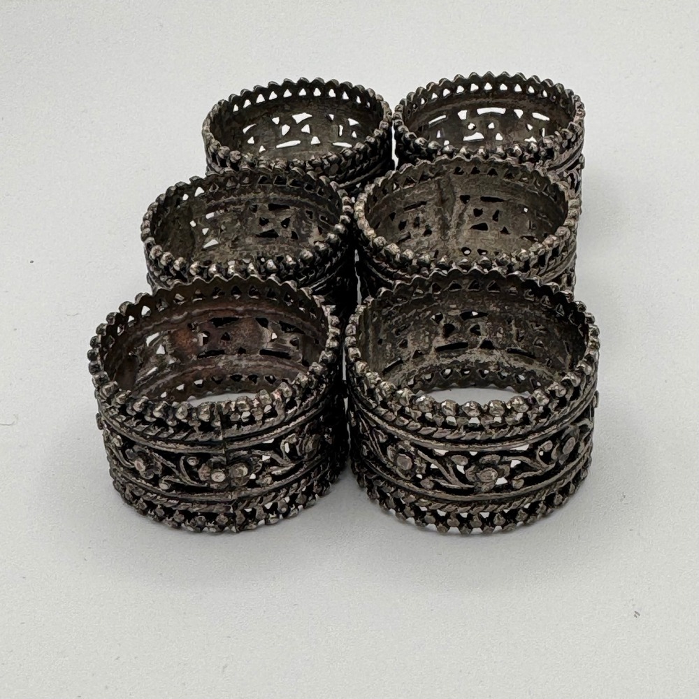 Vintage Silver Tone Filigree Floral Napkin Rings Set of 6 Scalloped Edge 6.8oz